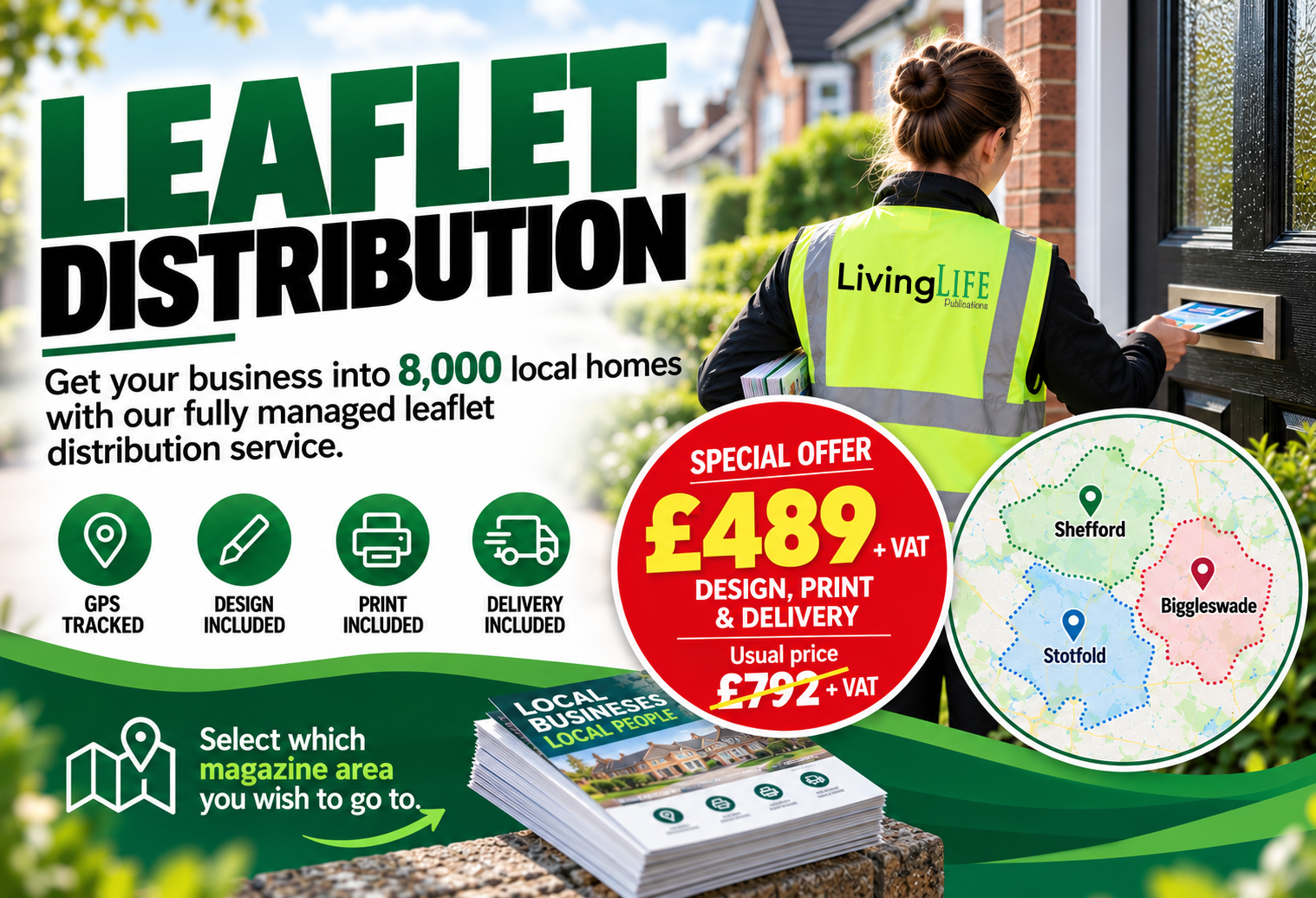 Leaflet offer: design, print and GPS tracked delivery to 8,000 homes in your chosen magazine area for £489 plus VAT, usual price £792 plus VAT.